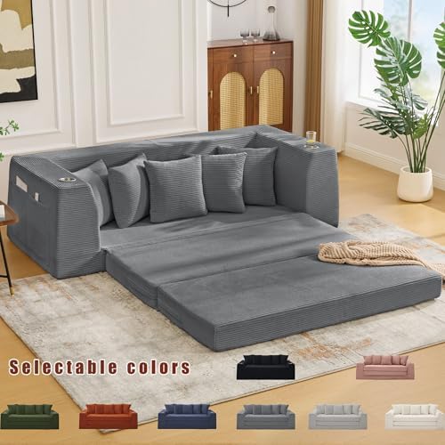 82'' Boneless Loveseat Sleeper Sofa, Convertible Sofa Bed with Side Pocket Cup Holders, Corduroy Pull Out Floor Couch with 5 Pillows, Folding Mattress Couch for Small Spaces No Assembly (Dark Grey)