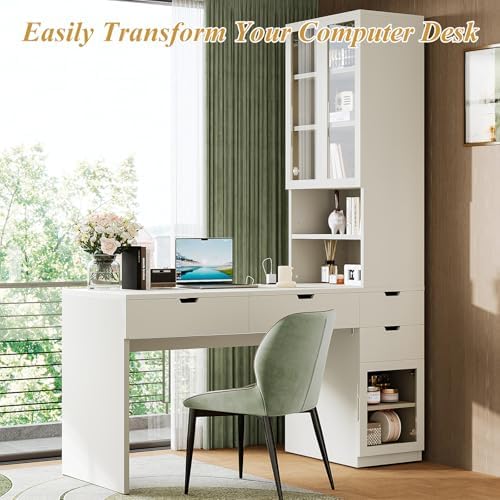 Large Versatile Makeup Vanity Desk with Mirror and Charging Station, Home Office Desk, Dressing Table with 8 Hidden Storage Compartments, Computer Desk with 3 Drawers, 2 Cabinets and Open Shelves