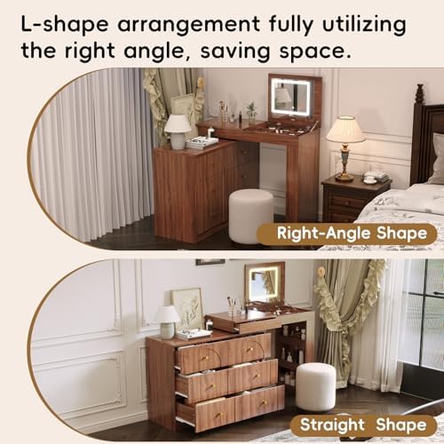 Vanity Desk with Mirror and Lights, Makeup Vanities Table with Flip-Top and Storage 7 Drawers, 9 Compartments, 3 Shelves, Corner Vanity Dressing for Bedroom (Walnut)