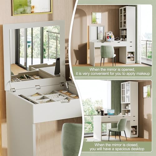 Large Versatile Makeup Vanity Desk with Mirror and Charging Station, Home Office Desk, Dressing Table with 8 Hidden Storage Compartments, Computer Desk with 3 Drawers, 2 Cabinets and Open Shelves