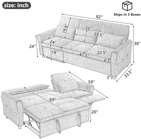 2-in-1 Sleeper Sofa with Pull Out Couch Bed and a Reversible Recliner, 82'' Convertible Chenille Cloud Couch with USB & Adjustable Backrest Comfy Recliner Couches for Living Room Apartment (Blue)