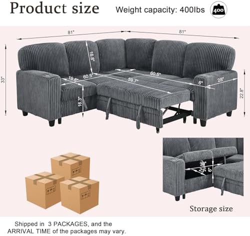 81'' Modular Sectional Sleeper Sofa with Pull Out Bed, U Shaped Sectional Couch with Storage & USB Charging, Extra Wide and Deep Seat Couches for Living Room (Grey)