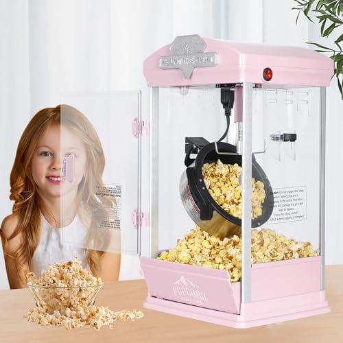 Portable Popcorn Machine, 8 Ounce Nonstick Kettle Small Popcorn Maker, Movie Theater Commercial Popper Machine for Parties, Events, and Home Theater (Pink)