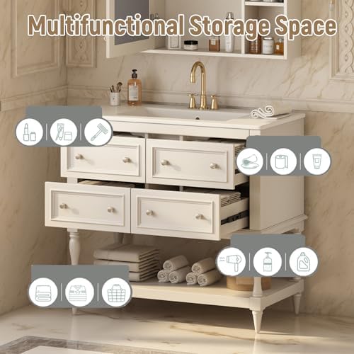 36" Bathroom Vanity with Sink, Bathroom Vanities, FreeStanding Vanity Set with 4 Drawers, Solid Wood Frame Bathroom Cabinet (Beige)