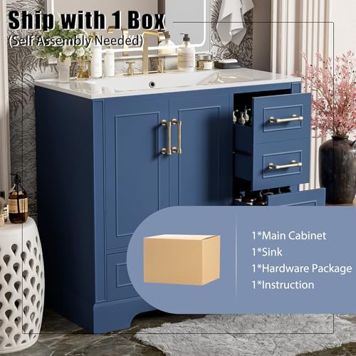 36" Bathroom Vanity with Ceramic Sink Combo, Freestanding Modern Bathroom Storage Vanity Cabinet with 2 Soft-Closing Doors & 4 Drawers, Bathroom Vanities, Solid Wood Frame, Storage Cabinet (Blue)