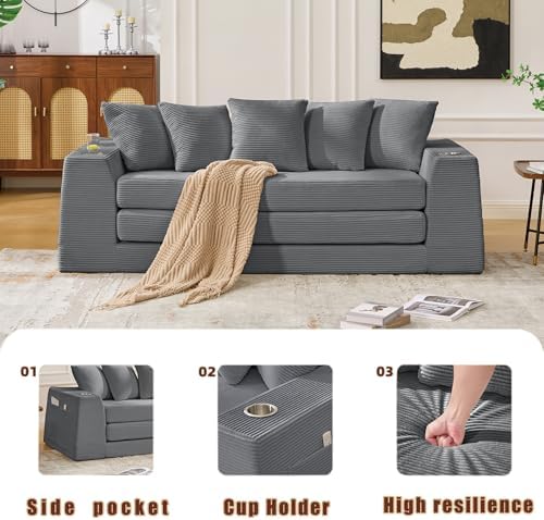 82'' Boneless Loveseat Sleeper Sofa, Convertible Sofa Bed with Side Pocket Cup Holders, Corduroy Pull Out Floor Couch with 5 Pillows, Folding Mattress Couch for Small Spaces No Assembly (Dark Grey)