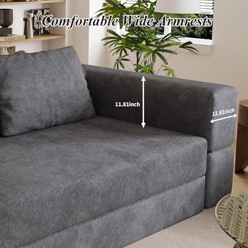 78 Inch Futon Sofa Bed, 2-in-1 Folding Convertible Sofa Bed, Oversized Chenille Upholstered Boneless Couch, Loveseat Sleeper Bed Floor Couch Modular Futon Couches for Living Room Bedroom (Grey)