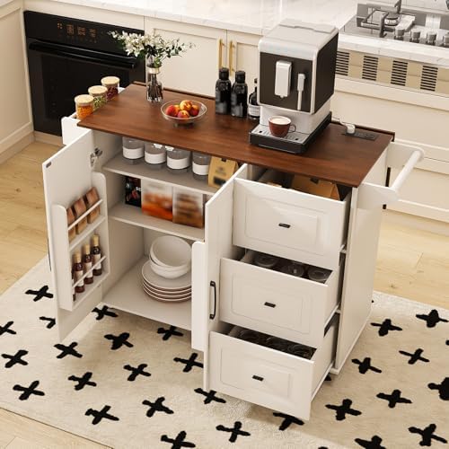 Kitchen Island Cart with Trash Can Storage, 44" Portable Kitchen Island on Wheels with Drop Leaf & Power Outlet, Large Mobile Islands Table, Bar Table with Towel Rack & Spice Rack