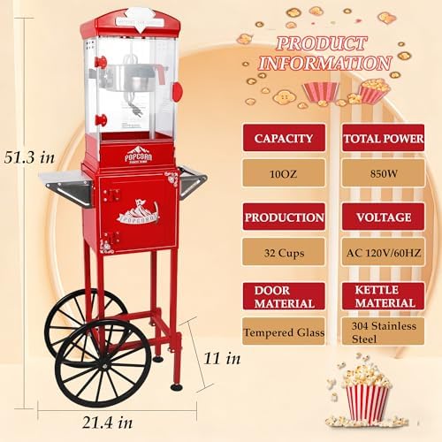 10 Oz Popcorn Machine with Cart, Popcorn Popper Makes Up to 40 Cups, Vintage Movie Theater Style Pop corn Machine with 304 Stainless-Steel Movie Night Supplies for Home (Red)