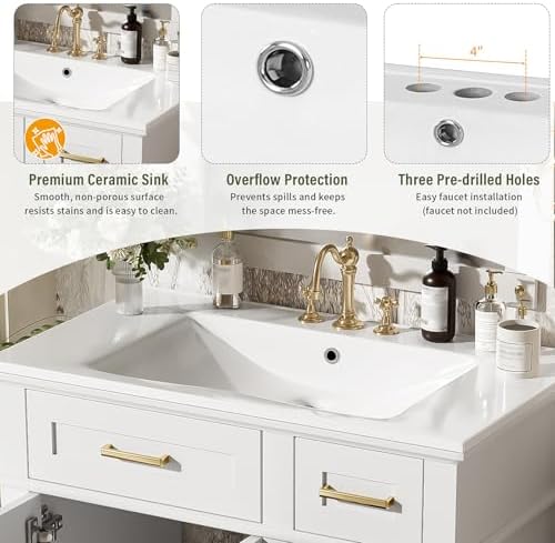 30'' Bathroom Vanity with Single Sink Combo, Freestanding Modern Bathroom Storage Sink Cabinet, Storage Cabinet with 2 Drawers & 2 Door, Solid Wood Frame for Small Bathrooms, White