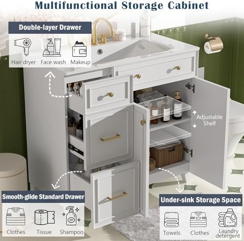 36" Bathroom Vanity with Ceramic Sink, Standard and Double-Layer Drawers, Soft Close Doors, Adjustable Shelves, Modern Storage Cabinet for Small and Medium Bathrooms (White)