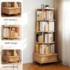 5 Tier Rotating Bookshelf with Swivel Wheels, Round Revolving Bookcase, 360° Rotation Book Shelf Tower Kids Adult, Narrow Rolling Bookshelves for Small Space, Corner, Bedroom (Wood, 5 Tier + Wheels)