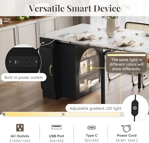 Extendable Dining Table for 4-6, 33''-59'' Extending Dining Table w/Removable Leaves Space Saving, Mobile Rolling Island Tables with Power Outlet Wooden Adjustable Tables for Kitchen (Black)