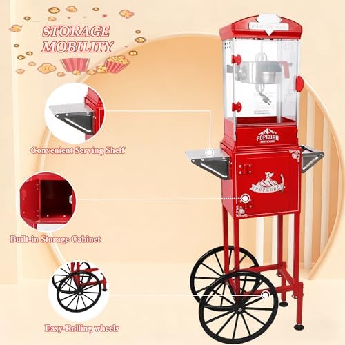 10 Oz Popcorn Machine with Cart, Popcorn Popper Makes Up to 40 Cups, Vintage Movie Theater Style Pop corn Machine with 304 Stainless-Steel Movie Night Supplies for Home (Red)