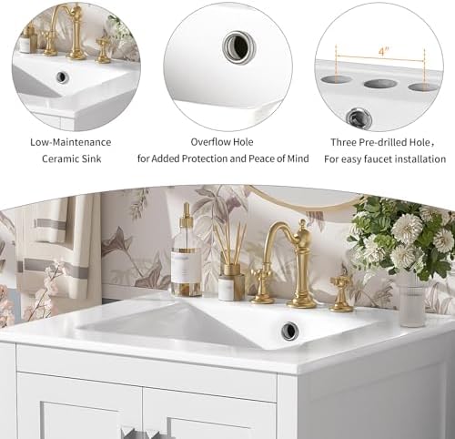 24" Bathroom Vanity with Sink Combo Set, Solid Wood Frame Bathroom Storage Cabinet with 2 Drawers and 1 Drawer, Double-layer Door Shelf, Soft Closing Cabinet Door with Organizer, White