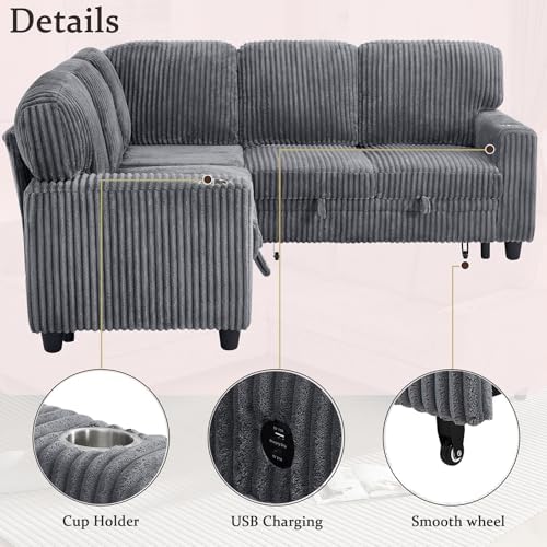 81'' Modular Sectional Sleeper Sofa with Pull Out Bed, U Shaped Sectional Couch with Storage & USB Charging, Extra Wide and Deep Seat Couches for Living Room (Grey)
