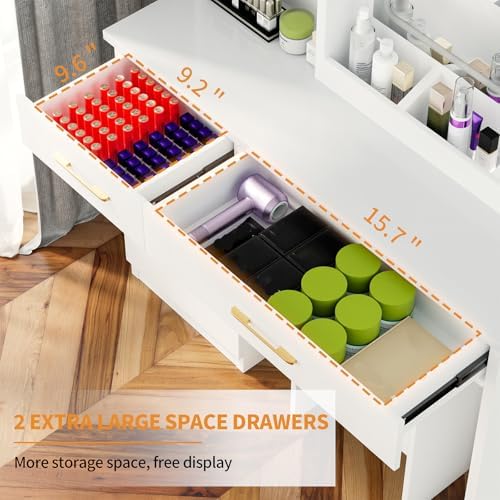 32'' Makeup Vanity Desk with Mirror and Lights, Large LED Mirror with 3 Color Modes, Makeup Vanity with Power Outlet & USB Ports, 6 Open Shelves & 2 Drawers for Women & Girls