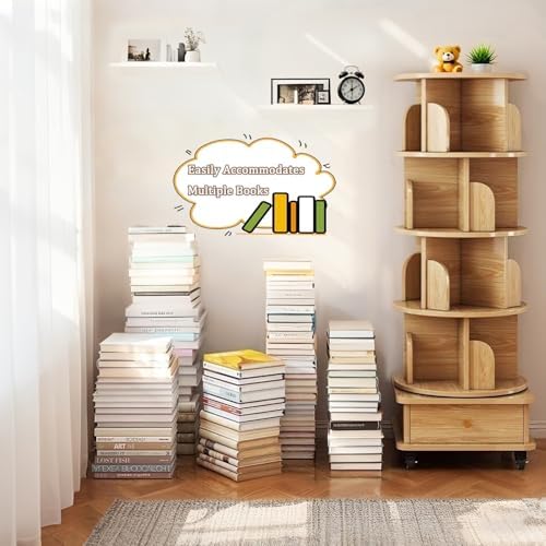 5 Tier Rotating Bookshelf with Swivel Wheels, Round Revolving Bookcase, 360° Rotation Book Shelf Tower Kids Adult, Narrow Rolling Bookshelves for Small Space, Corner, Bedroom (Wood, 5 Tier + Wheels)
