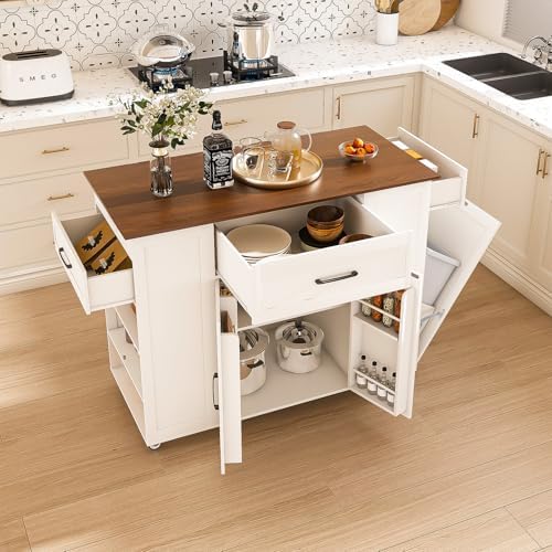 46" Kitchen Island on Wheels with Storage & Power Outlet - Movable Rustic Breakfast Bar Table, Wood Top with Adjustable Shelf & Drawer for Kitchen Dining Living Room