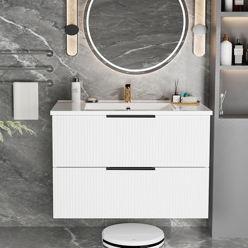36 Inch Bathroom Vanity with Sink, Floating Ceramic Sink Bathroom Vanity with 2 Soft-Closing Drawers Wall-Mounted Bath Room Vanities for Small Space (White, 36‘’)