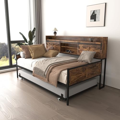 77'' Twin Daybed with Trundle, Farmhouse Daybed Sofa Bed Frame with Sliding Barn Door Headboard and Charging Station & LED Light for Bedroom and Guest Room