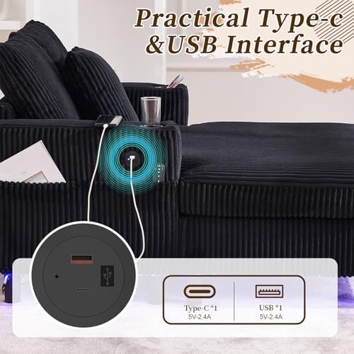 56'' Oversized Chaise Lounge Chair Indoor, Comfy Corduroy Chaise Sofa Recliner Bed Upholstered Sleeper Couch Bed with USB Charging, LED, Cup Holder, Side Pocket for Living Room (Balck)