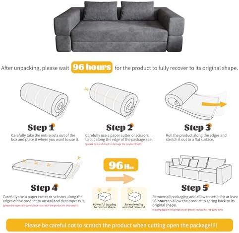 78 Inch Futon Sofa Bed, 2-in-1 Folding Convertible Sofa Bed, Oversized Chenille Upholstered Boneless Couch, Loveseat Sleeper Bed Floor Couch Modular Futon Couches for Living Room Bedroom (Grey)
