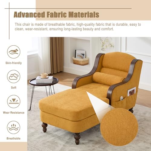53.5'' Accent Chair for Living Room, Bedroom, Upholstered Living Room Recliner Reading Lounge Chairs, Chaise Lounge Indoor Chair, Sleeper Couch for Small Chairs for Small Spaces (Mustard Yellow)