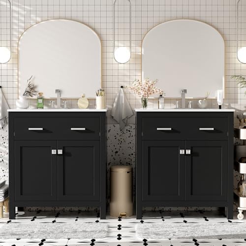 60" Modern Bathroom Vanity with Double Vanities, Double Ceramic Sinks, Adjustable Shelf, Soft Close Doors and Flip Drawer, Large Bathroom Vanity Sink Set (Black)