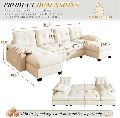 105" Sectional Couches for Living Room with Pull Out Bed, 2 in 1 Convertible U Shaped Couch Bed with Armrests & USB Ports, 5 Seat Comfy Sectional Modular Sleeper Sofa (Beige)