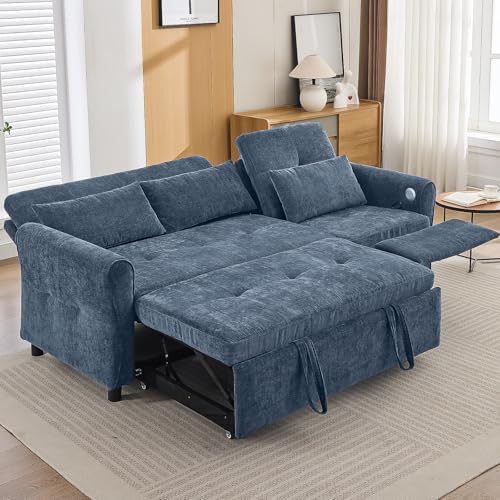 2-in-1 Sleeper Sofa with Pull Out Couch Bed and a Reversible Recliner, 82'' Convertible Chenille Cloud Couch with USB & Adjustable Backrest Comfy Recliner Couches for Living Room Apartment (Blue)