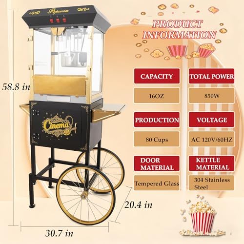 Upgraded 16oz Commercial Popcorn Machine with Cart, 850W Large Vintage Popcorn Maker for 15-20 People, Pop Corn Machine Makes Up to 80 Cups for Home Party(Black)