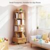 5 Tier Rotating Bookshelf with Swivel Wheels, Round Revolving Bookcase, 360° Rotation Book Shelf Tower Kids Adult, Narrow Rolling Bookshelves for Small Space, Corner, Bedroom (Wood, 5 Tier + Wheels)