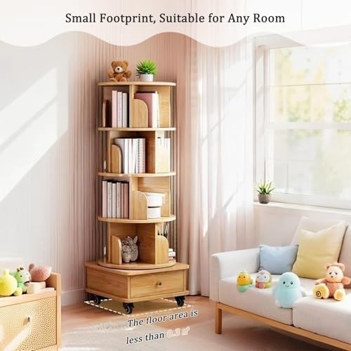 5 Tier Rotating Bookshelf with Swivel Wheels, Round Revolving Bookcase, 360° Rotation Book Shelf Tower Kids Adult, Narrow Rolling Bookshelves for Small Space, Corner, Bedroom (Wood, 5 Tier + Wheels)