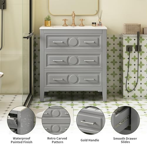 30'' Bathroom Vanity with Ceramic Sink Combo, Bathroom Vanity Storage Cabinet with Gold Pull, 1 Tip-Out Drawer & 2 Drawers, Solid Wood Frame Storage Vanities with Sink (Gray)