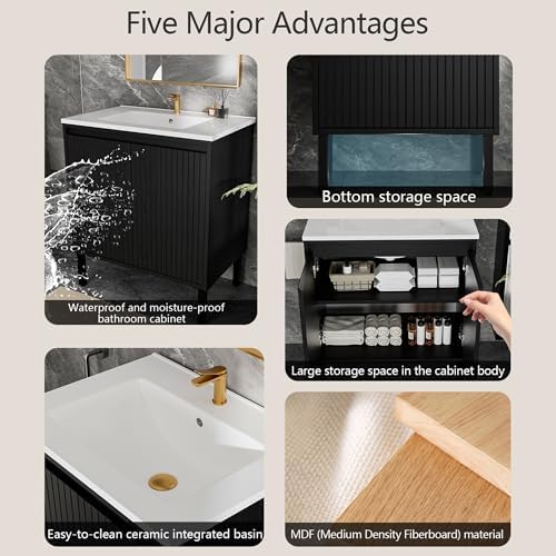 30″ Fluted Bathroom Vanity with Ceramic Sink, Modern Bathroom Vanity Cabinet with 2 Doors, Freestanding Mid-Century Restroom Sink Cabinet Combo (Black, 30'')