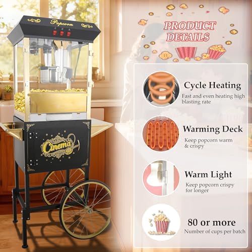 Upgraded 16oz Commercial Popcorn Machine with Cart, 850W Large Vintage Popcorn Maker for 15-20 People, Pop Corn Machine Makes Up to 80 Cups for Home Party(Black)