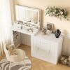 59" Vanity Desk with Mirror and Lights, Makeup Vanity with 3 Drawers and 2 Cabinets Adjustable Shelves, Dressing Table with 3 Color Modes for Bedroom, Dressing Room, Women