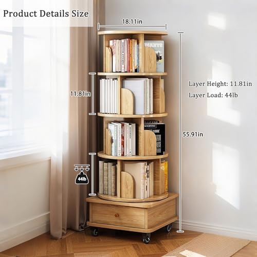 5 Tier Rotating Bookshelf with Swivel Wheels, Round Revolving Bookcase, 360° Rotation Book Shelf Tower Kids Adult, Narrow Rolling Bookshelves for Small Space, Corner, Bedroom (Wood, 5 Tier + Wheels)