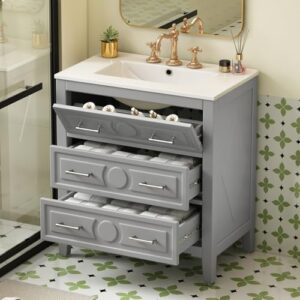 30'' Bathroom Vanity with Ceramic Sink Combo, Bathroom Vanity Storage Cabinet with Gold Pull, 1 Tip-Out Drawer & 2 Drawers, Solid Wood Frame Storage Vanities with Sink (Gray)