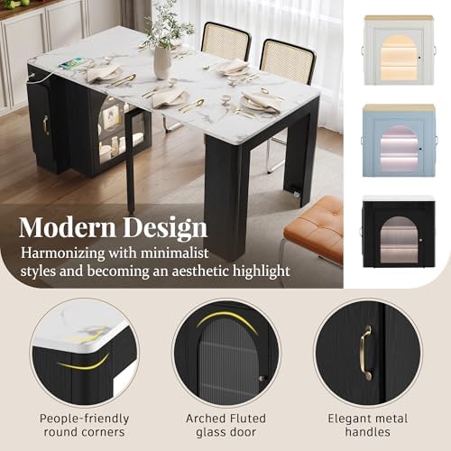 Extendable Dining Table for 4-6, 33''-59'' Extending Dining Table w/Removable Leaves Space Saving, Mobile Rolling Island Tables with Power Outlet Wooden Adjustable Tables for Kitchen (Black)