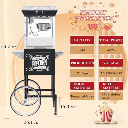 Popcorn Machine with Cart, Popcorn Maker with 8 Oz Kettle Makes Up to 32 Cups, Vintage Movie Theater Style Pop corn Machine with 304 Stainless-Steel Movie Night Supplies for Home (Black)