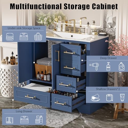 36" Bathroom Vanity with Ceramic Sink Combo, Freestanding Modern Bathroom Storage Vanity Cabinet with 2 Soft-Closing Doors & 4 Drawers, Bathroom Vanities, Solid Wood Frame, Storage Cabinet (Blue)