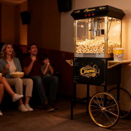 Upgraded 16oz Commercial Popcorn Machine with Cart, 850W Large Vintage Popcorn Maker for 15-20 People, Pop Corn Machine Makes Up to 80 Cups for Home Party(Black)