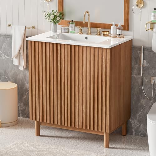 30″ Bathroom Vanity with Ceramic Sink, Modern Bathroom Vanity Cabinet with 2 Doors, Freestanding Mid-Century Restroom Sink Cabinet Combo with U-Shaped Adjustable Shelf (30")