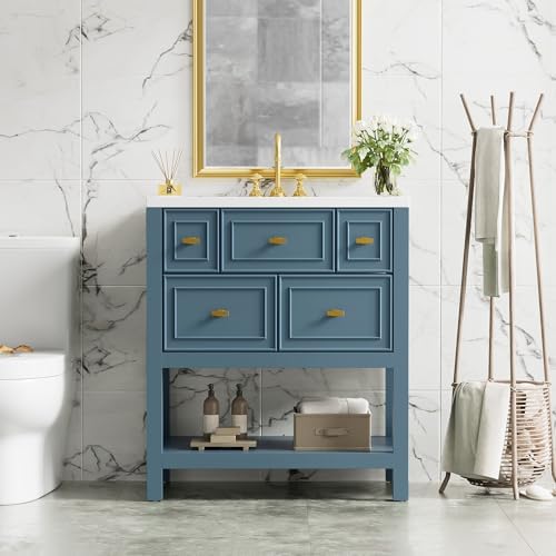 30" Bathroom Vanity with Sink Set, Vintage Bathroom Cabinet Vanity with Ceramic Basin, Extra Large Storage 5 Drawers, Solid Wood Frame Storage Cabinet (Blue)
