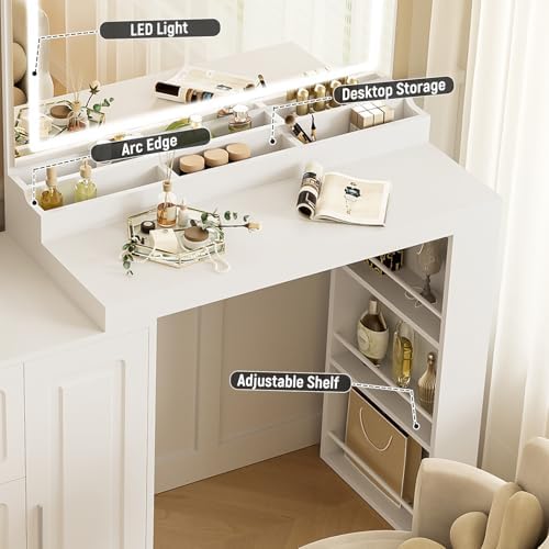 59" Vanity Desk with Mirror and Lights, Makeup Vanity with 3 Drawers and 2 Cabinets Adjustable Shelves, Dressing Table with 3 Color Modes for Bedroom, Dressing Room, Women