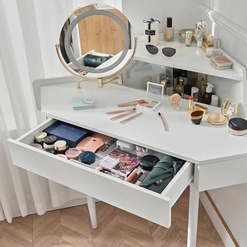 Corner Vanity Desk with Lighted Mirror, 44" Modern Fluted Makeup Vanity Desk with Adjustable Folding Mirror, Stool, Bedroom Dressing Table for Women, Small Place (White)