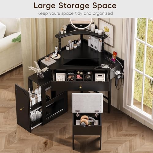 Makeup Vanity Desk Without Mirror, Corner Vanity Desk Set with Storage Cushioned Stool and Charging Station, Makeup Desks with Removable Pull-Out Side Cabinet for Women, Small Place (Black)