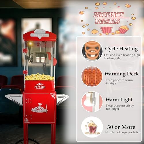 10 Oz Popcorn Machine with Cart, Popcorn Popper Makes Up to 40 Cups, Vintage Movie Theater Style Pop corn Machine with 304 Stainless-Steel Movie Night Supplies for Home (Red)